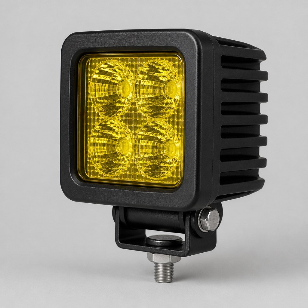 Angled view of one cube work light showing the mounting bracket