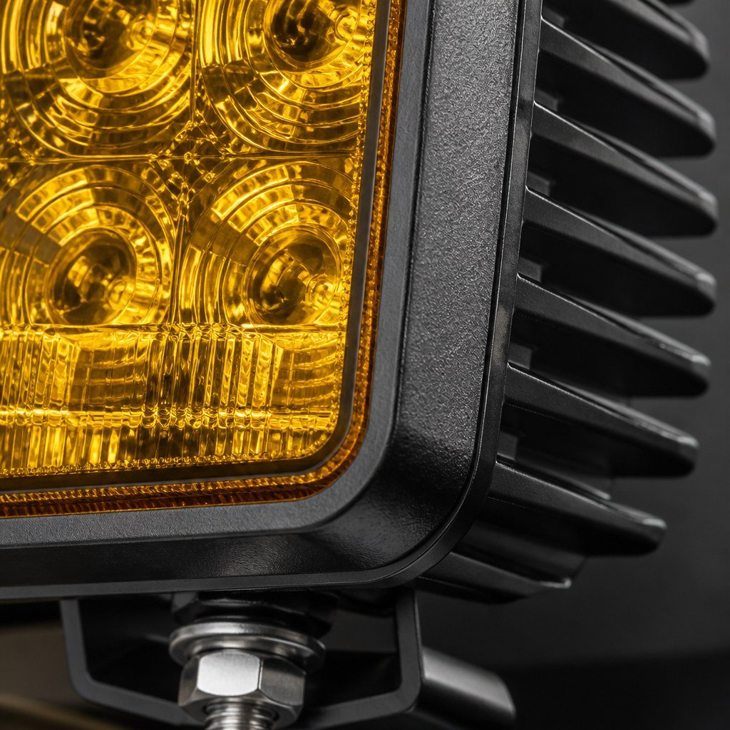 Close-up of the yellow lens and housing texture