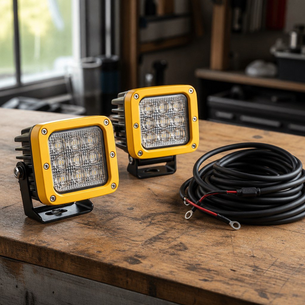 Both work lights packed with hardware on brown kraft paper