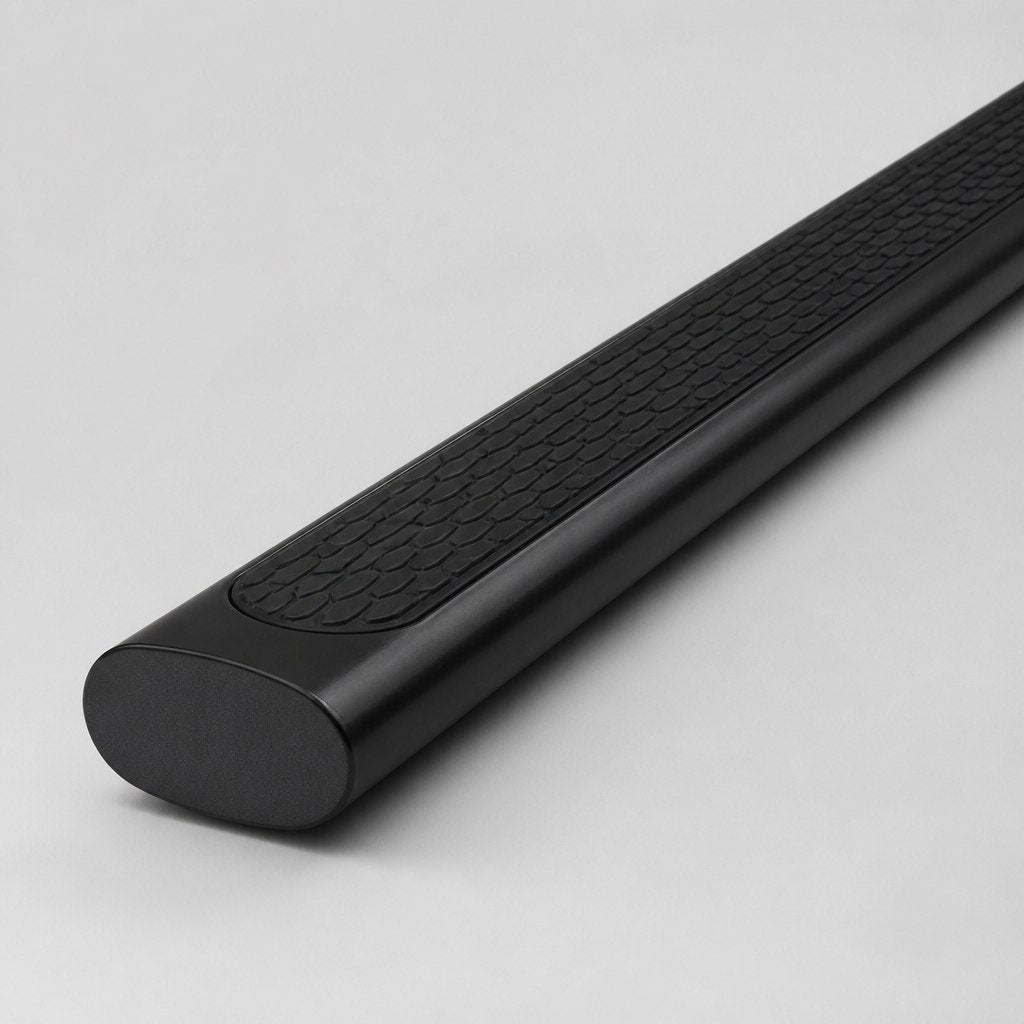 Angled view of one oval side step showing the end cap