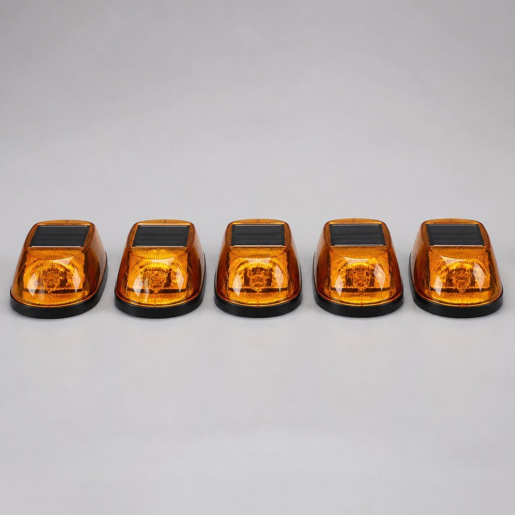 Five amber cab roof marker lights lined up on a workbench