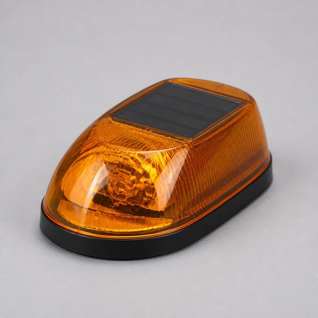 Angled view of one amber marker light showing the dark solar-style top cap