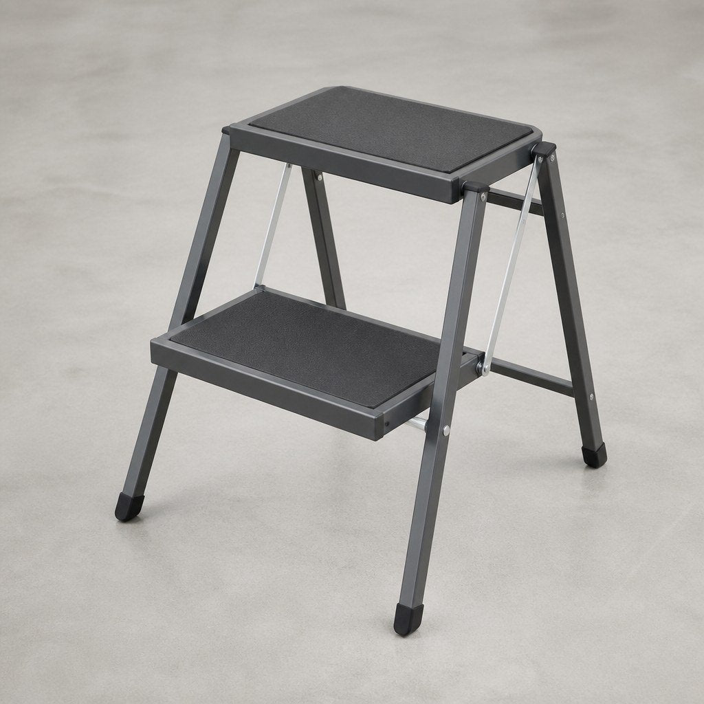 Angled view of the stool showing the top step and frame