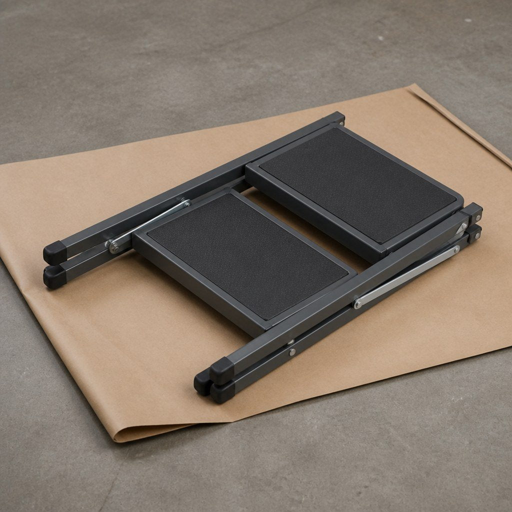 Stool folded flat and packed with a kraft sleeve
