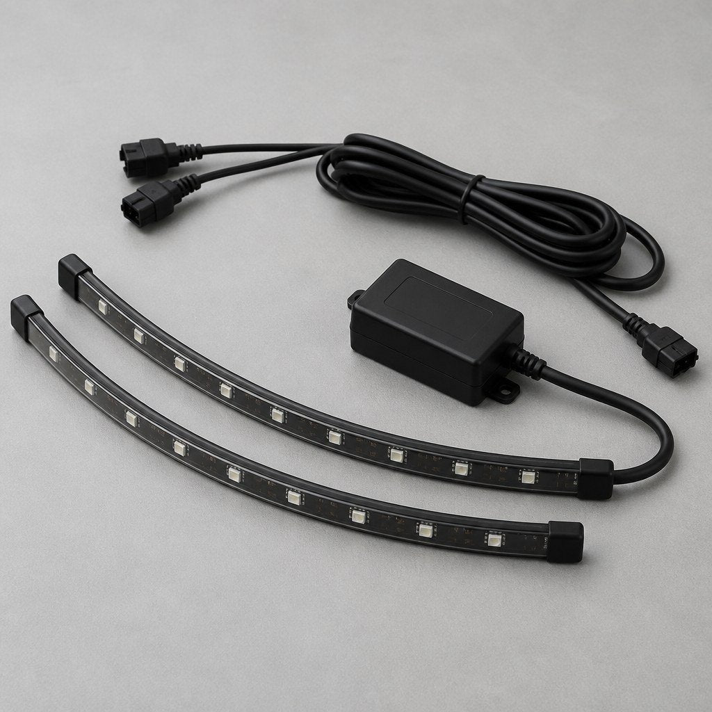 Coiled decorative underglow LED strip kit on a workbench