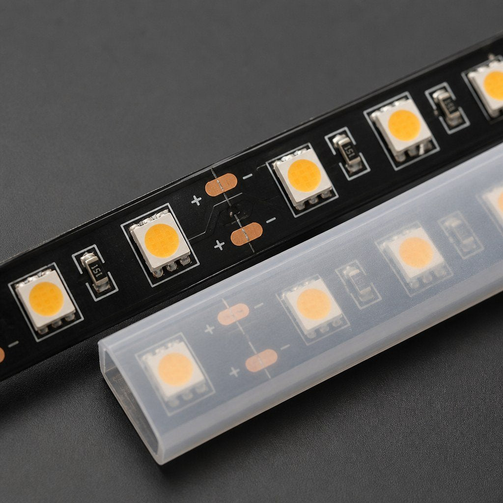 Close-up of the LED chips inside the strip